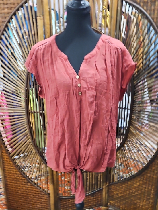 PerSeption Concept Tops - PerSeption Concept Dusty Rose Tie-Front Short Sleeve Blouse